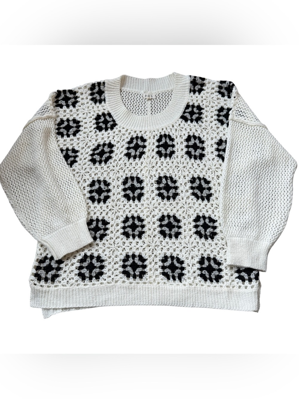 POL Anthropologie Crochet Granny Square Sweater Boho Chunky Knit Cottagecore L